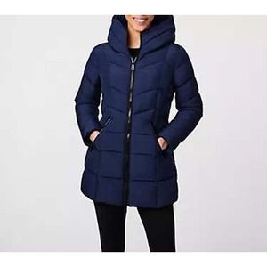 Bernardo NWT Puffer Coat Navy Blue Night Shadow‎ EcoPlume Fill Hooded Walker S